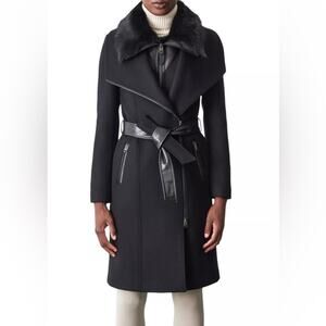 MACKAGE NORI-SH Black - Ladies Wool Coat w/ Shearling Fur Collar Size M NEW